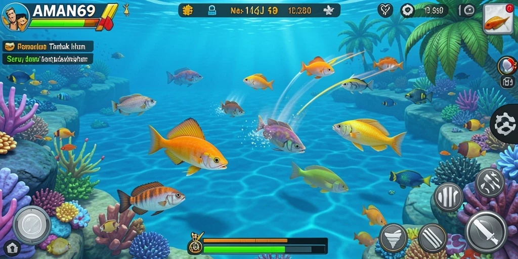 Tampilan gameplay seru dalam AMAN69 dengan menangkap ikan.