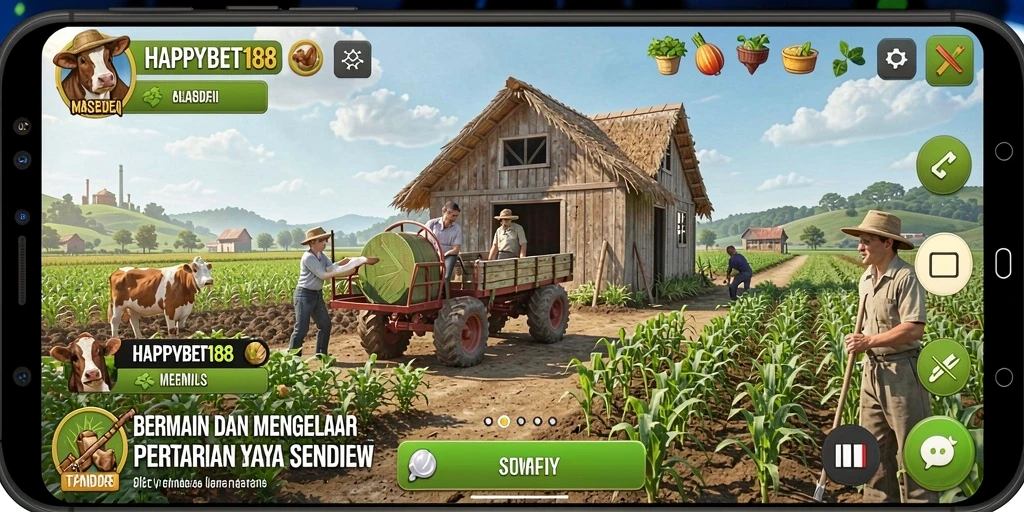 Tampilan gameplay HAPPYBET188 menunjukkan pertanian yang ramai dan berwarna.