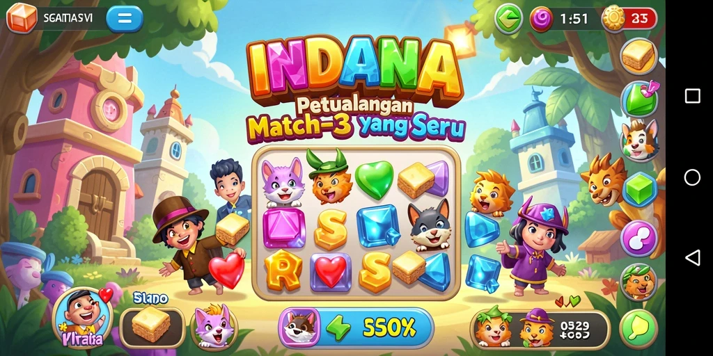 Gameplay seru dalam INDAAA dengan kombinasi warna-warni.