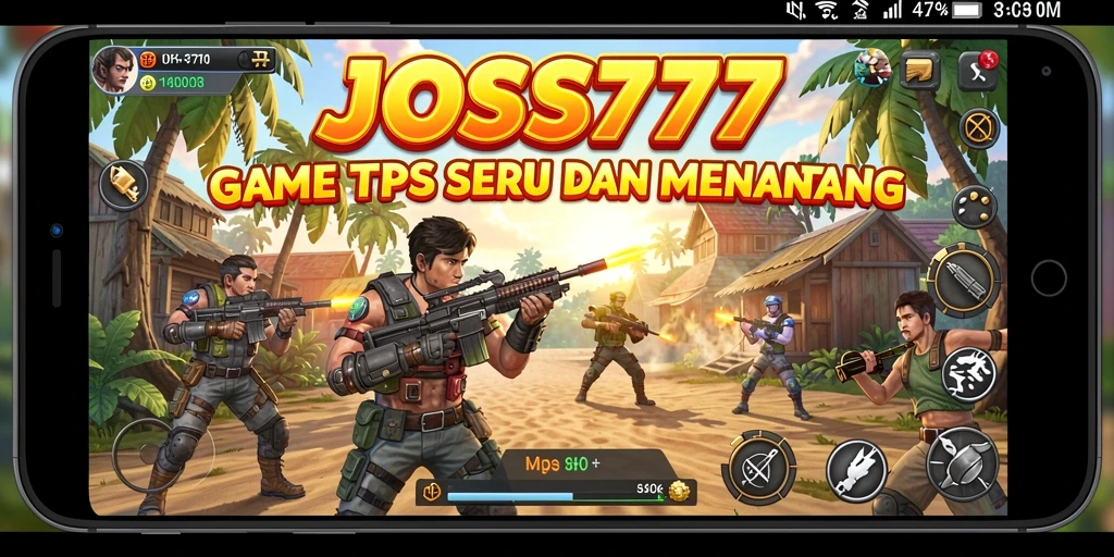 Screenshot menampilkan gameplay menantang JOSS777 dengan aksi tembak-menembak.