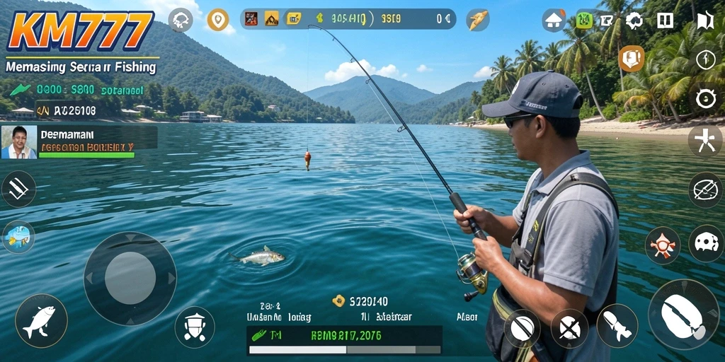 Screenshot gameplay KM777 menampilkan aksi memancing yang seru di lautan lepas.