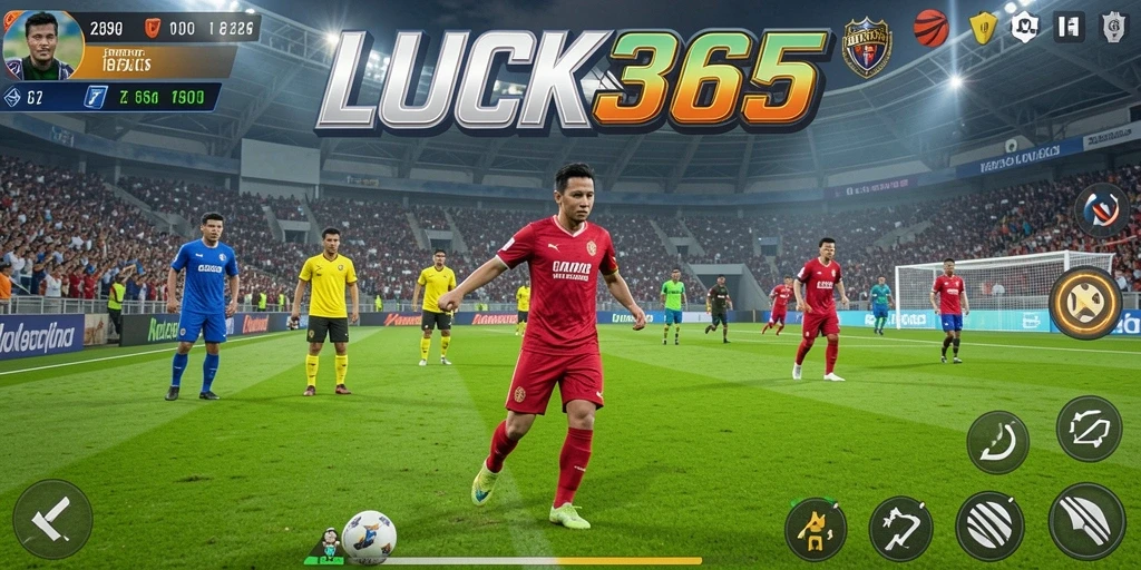 Screenshot utama LUCK365 menampilkan aksi seru dalam permainan sepak bola.