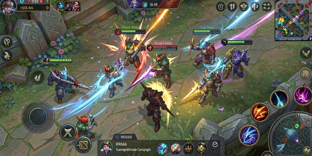 Screenshot gameplay RR666 menampilkan aksi tim yang mendebarkan dalam pertempuran MOBA.
