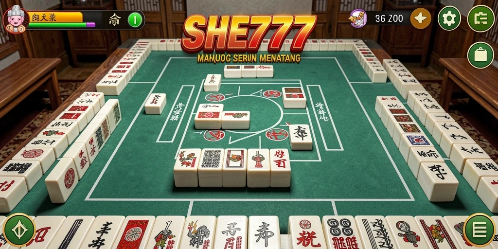Tangkapan layar SHE777 menampilkan gameplay Mahjong yang mendebarkan dan penuh strategi.