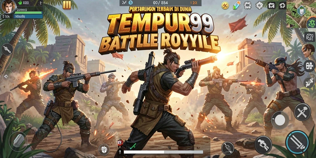 Screenshot utama TEMPUR99 menampilkan ketegangan pertarungan dalam pertempuran Battle Royale.
