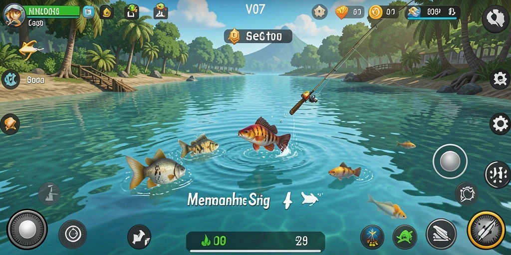 Screenshot gameplay V07, menampilkan aksi memancing yang seru dan alami.