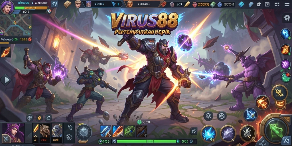 Tangkapan layar dari <strong>VIRUS88</strong> menampilkan aksi pertempuran MOBA yang mendebarkan.