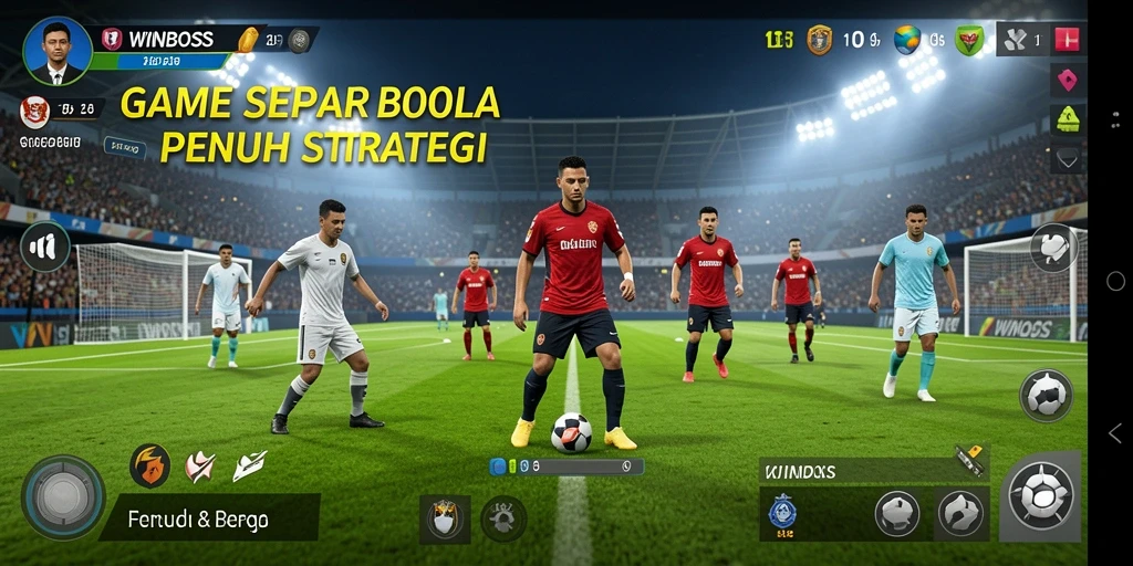 Screenshot gameplay <strong>WINBOSS</strong> menampilkan aksi pertandingan sepak bola yang seru.