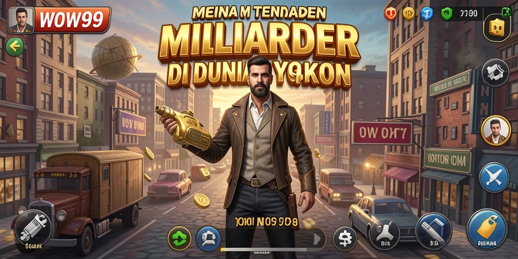 Tampilan gameplay WOW99 yang menggambarkan kehidupan seorang tycoon.